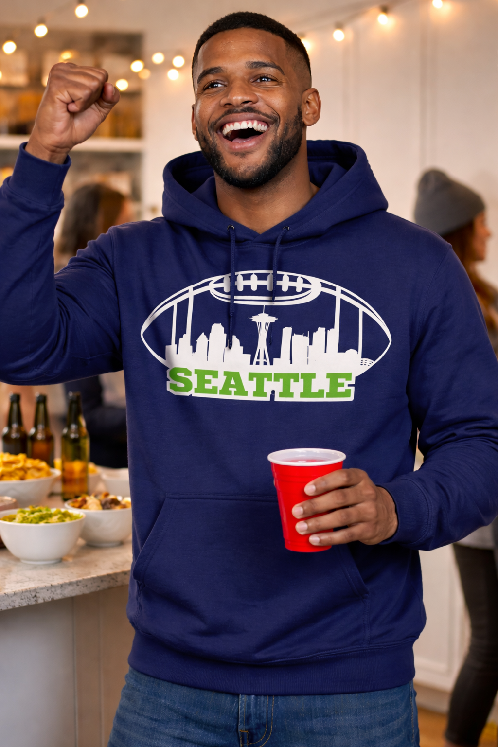 Seattle Seahawks Skyline Navy Fleece Hoodie T-Shirt - Image 2
