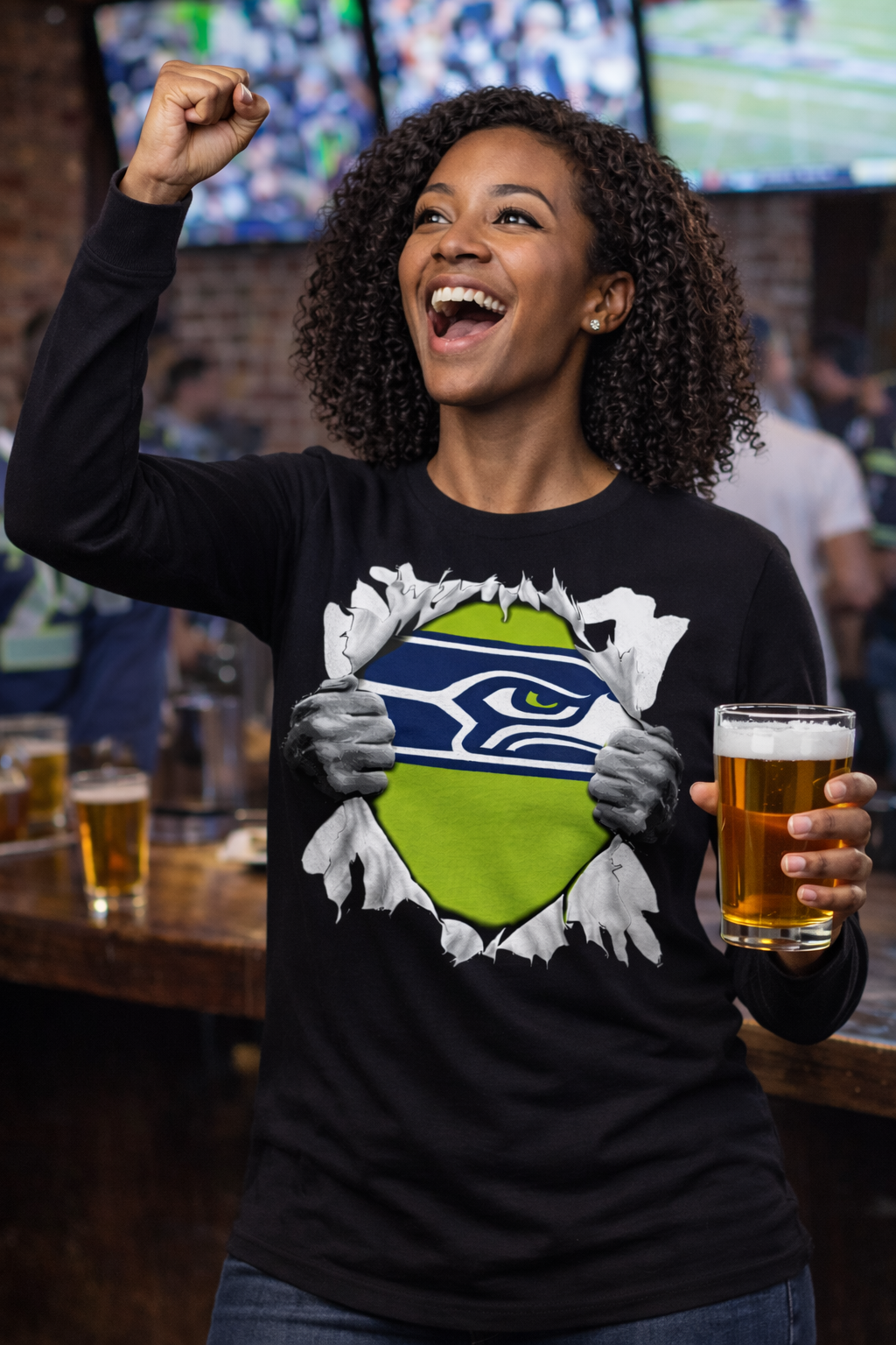 Seattle Seahawks Ripping Through Black Long Sleeve T-Shirt - Image 3