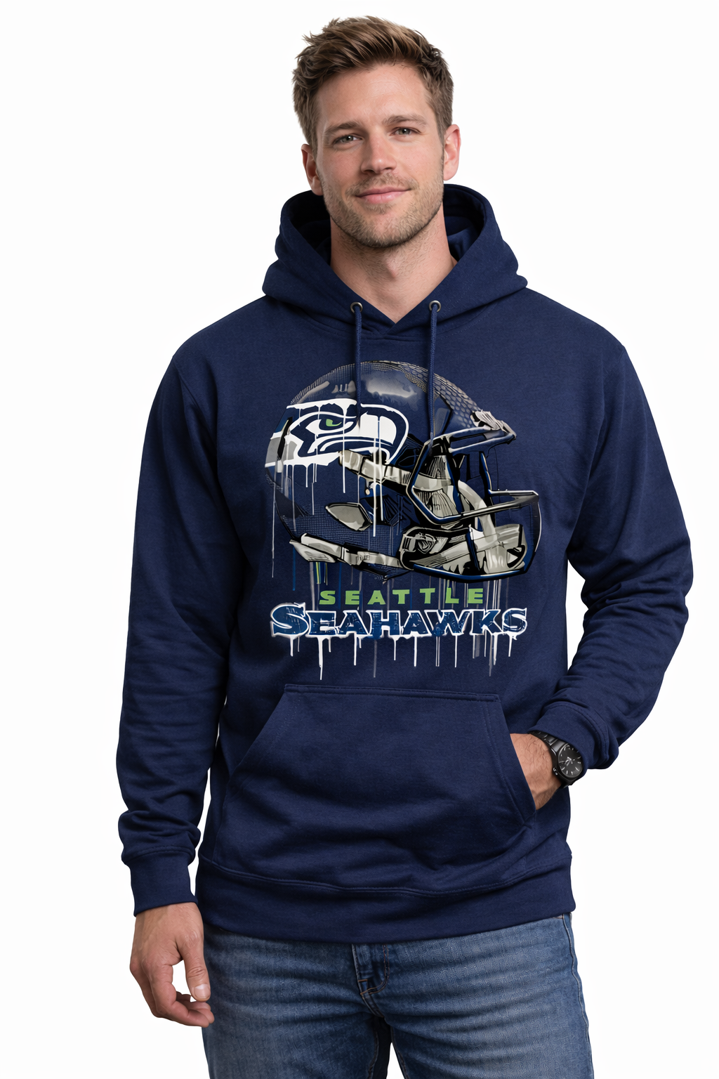 Seattle Seahawks Navy Dripping Helmet Fleece Hoodie T-Shirt