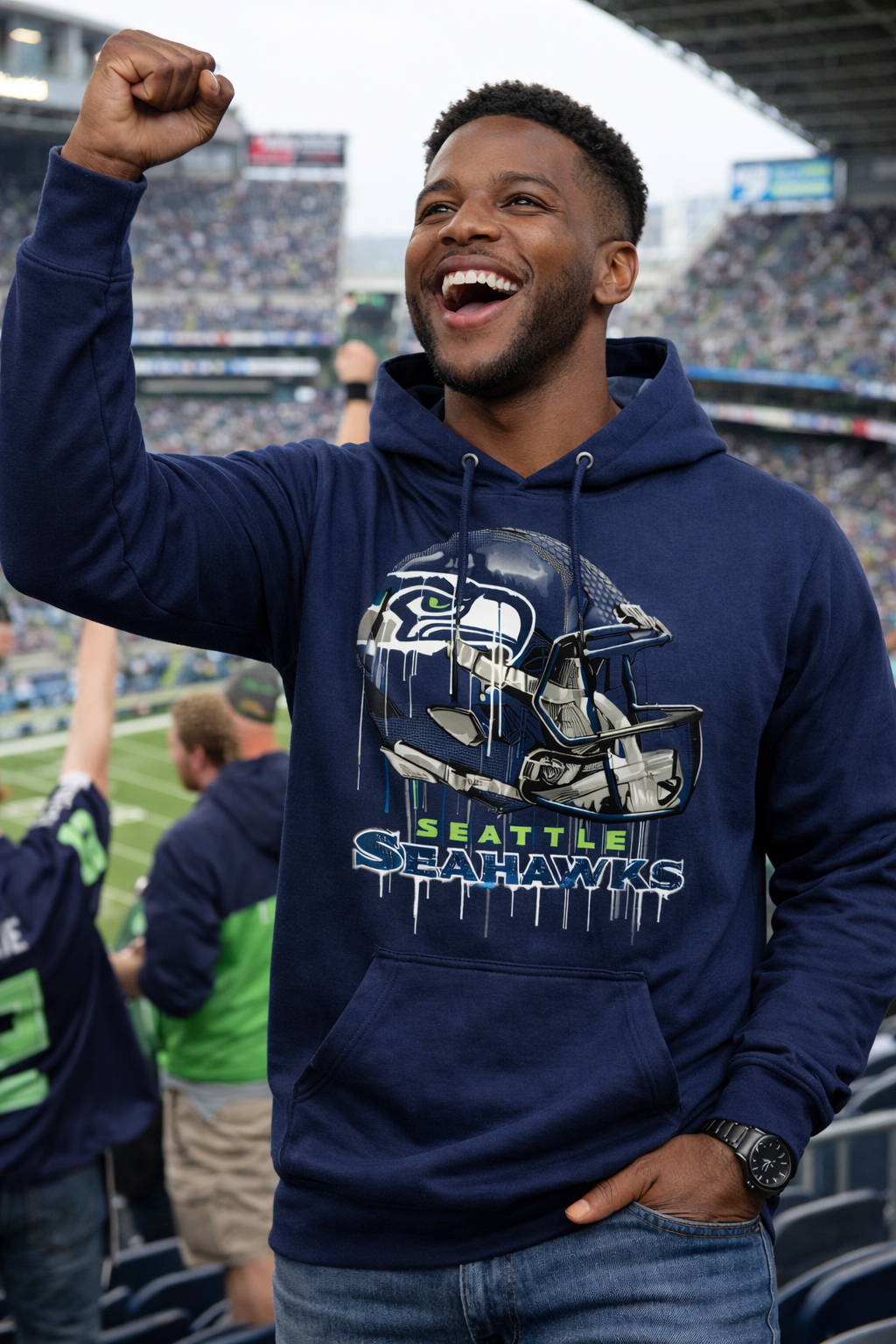 Seattle Seahawks Navy Dripping Helmet Fleece Hoodie T-Shirt - Image 2
