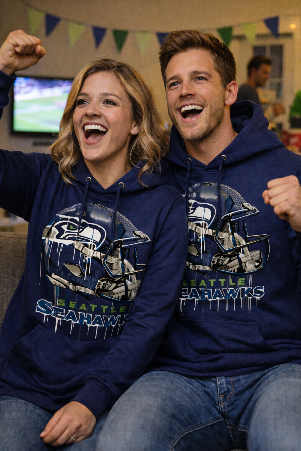 Seattle Seahawks Navy Dripping Helmet Fleece Hoodie T-Shirt - Image 3